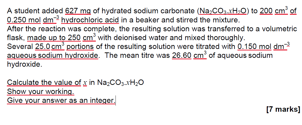 A challenging exam calculation question annotated to show the important information.