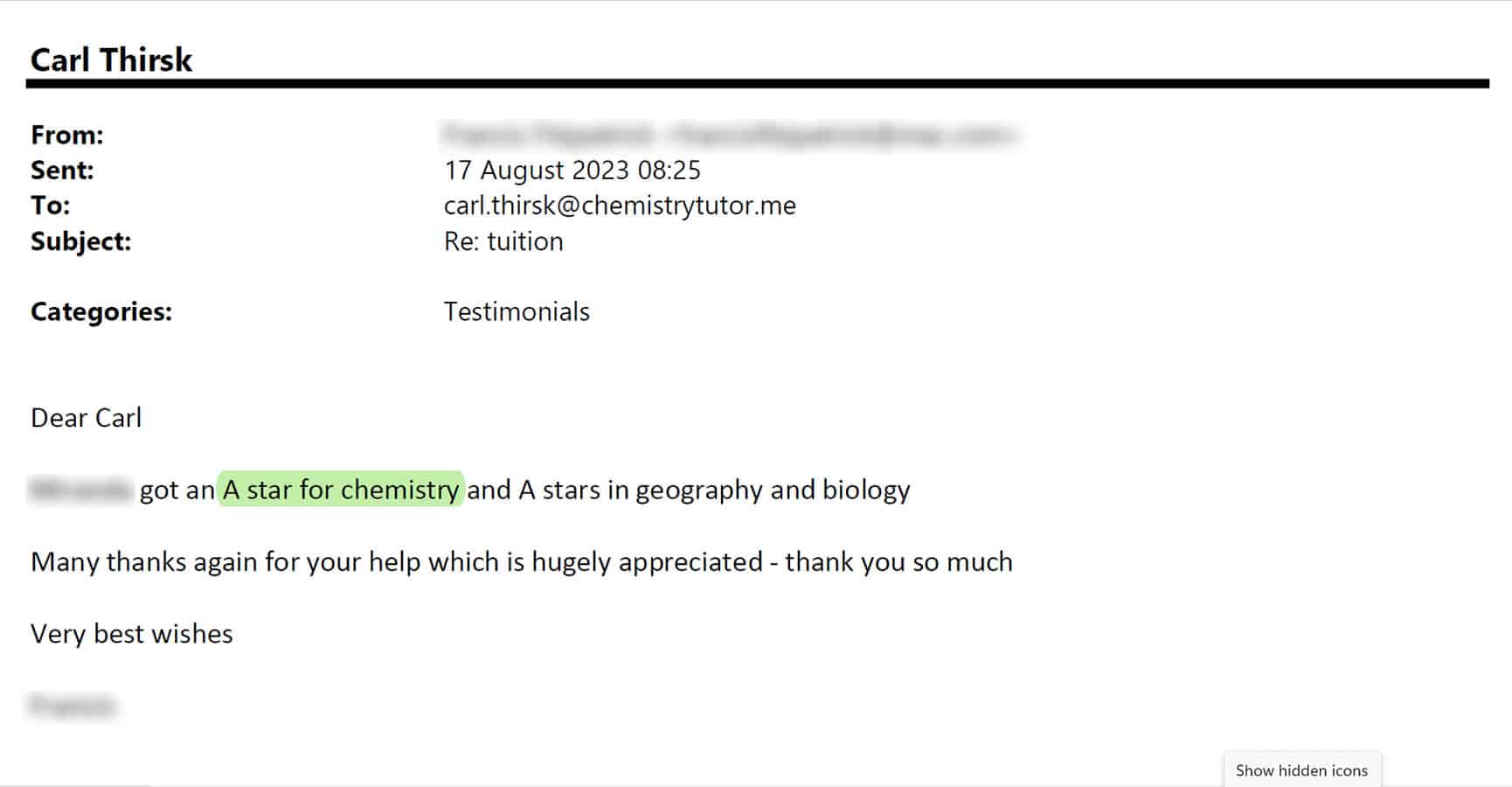 A testimonial email for A-Level chemistry